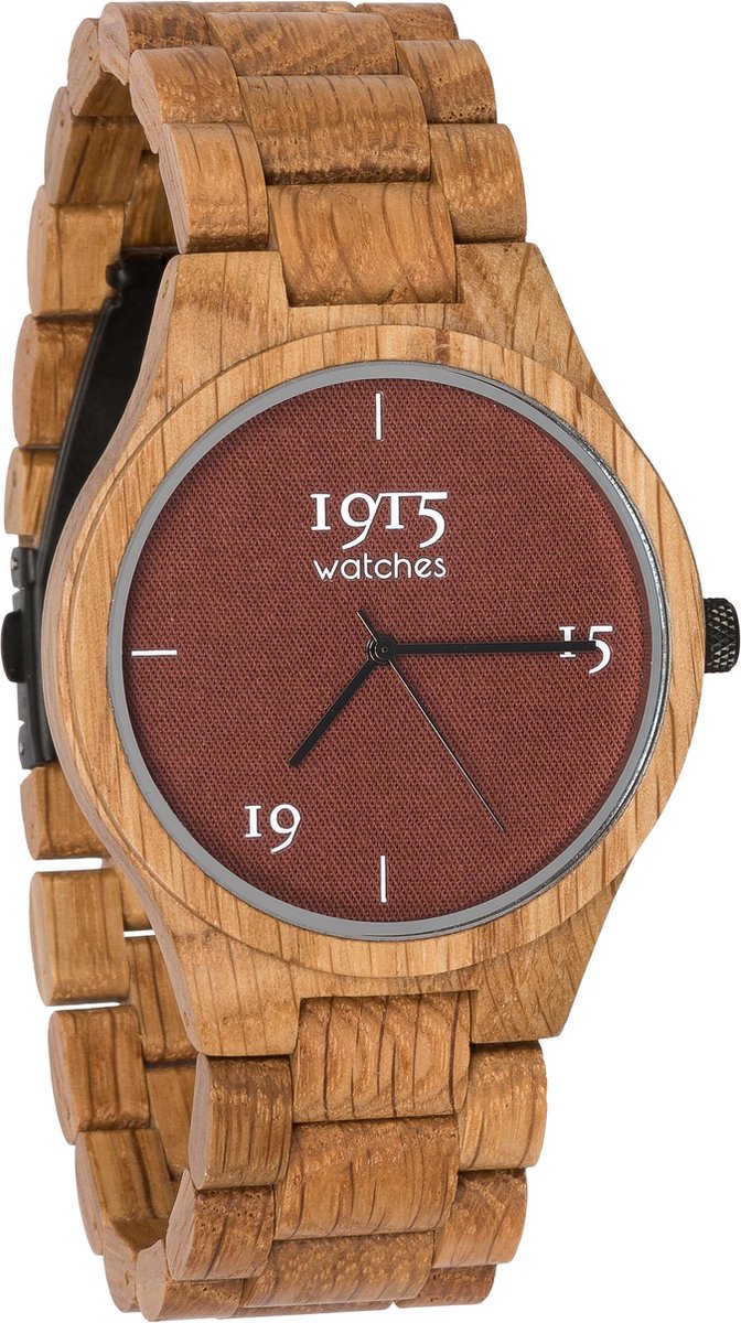 1915 Watch Fine Cotton Madder - Ø 46 mm - Heren Horloge - Eikenhout - Polshorloge - Houten Horloge - 1915 watches - Duurzaam Cadeau - Inclusief Geschenkdoos - Katoen - Herenhorloge - Horloge Geschenkset - Bruin