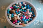 Ballenbad rond - grijs - 90x30 cm - met 150 blauw, turquoise, roze, wit en grijze ballen