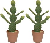 2x Groene Opuntia/schijfcactus kunstplanten 43 cm in bruine/terracotta pot - Kunstplanten/nepplanten