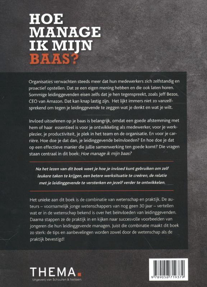 Boekcover 'Hoe manage ik mijn baas?' met tekst over leidinggeven en samenwerking.