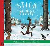 Stick Man kinderboek cover met een wandelend takfiguurtje in een besneeuwd boslandschap met dieren.