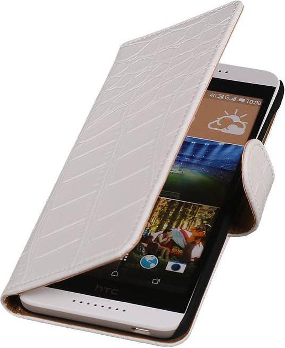 HTC One E9 Plus Hoesje Wit Krokodil - Book Case Wallet Cover Hoes