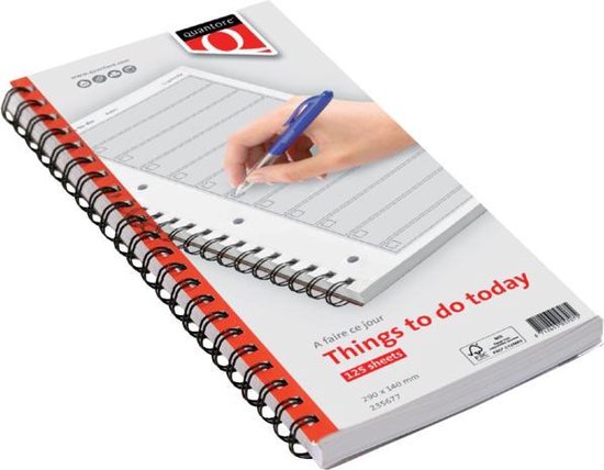 Een 'Things to do today' notitieblok met 125 vellen, 290 x 140 mm. Het voorblad toont een hand die een pen op een dagplanner-lay-out gebruikt.