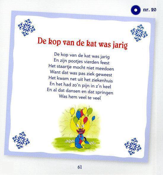 Een kinderliedje getiteld 'De kop van de kat was jarig', met een tekening van een kat en ballonnen.