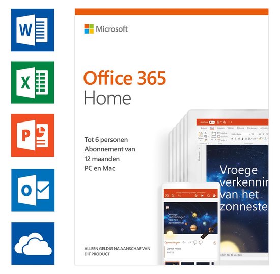 Microsoft Office 365 Home - 1 jaar abonnement (code in doosje)