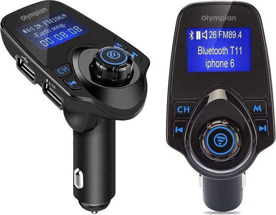 Bluetooth fm transmitter voor auto, 120 ° rotatie auto radio adapter carkit met 4 music play modes / hands-free bellen / tf kaart / usb auto lader / usb flash drive / aux input / output 1. 44 inch lcd display/ bluetooth carkit 5 in 1