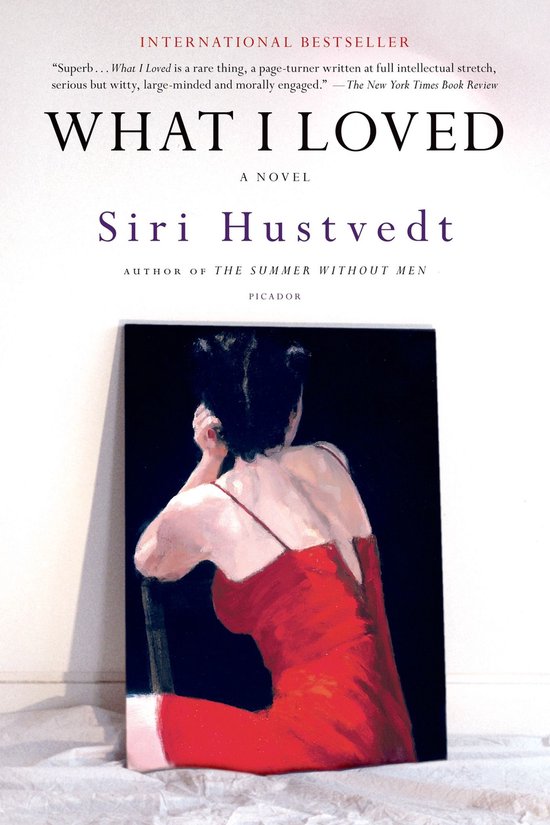 Boek kaft met de titel "WHAT I LOVED" en een schilderij van een vrouw in een rode jurk.