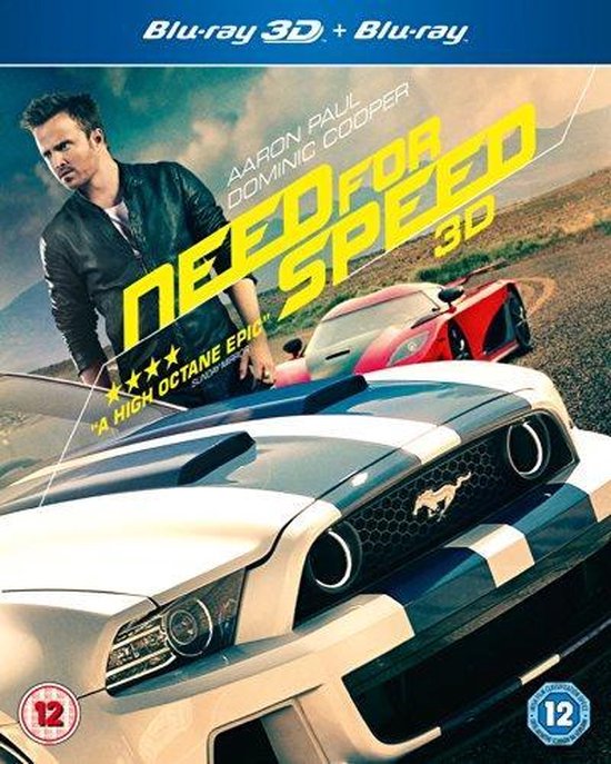 Blu-ray hoes voor Need for Speed 3D met Aaron Paul en twee sportwagens.