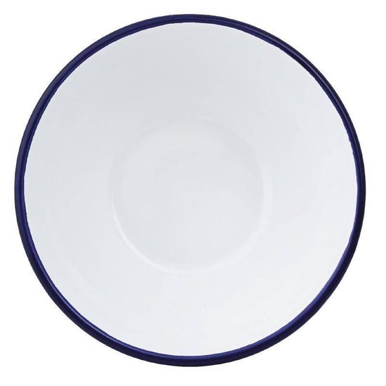 Witte geëmailleerde schaal met blauwe rand.