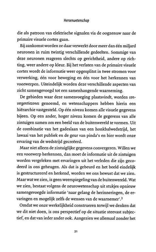 Pagina 21 met tekst over hersenfuncties, visuele cortex en waarneming.