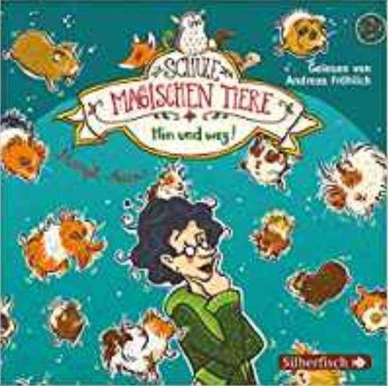 Boekomslag met de titel 'Die Schule der magischen Tiere 10: Hin und weg!' en illustraties van dieren.