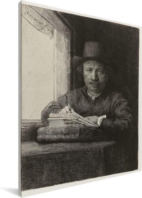 Autoportrait de Rembrandt eau-forte à une fenêtre - Peinture de Rembrandt van Rijn sur toile 60x80 cm - Tirage photo sur toile (Décoration murale salon / chambre)