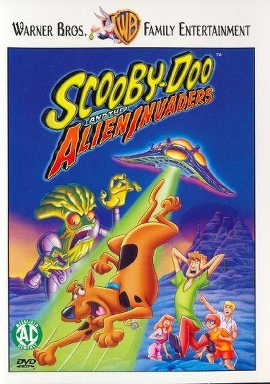 DVD-hoes met Scooby-Doo, Shaggy, Daphne, Velma en Fred die wegrennen van een alien en een vliegende schotel.