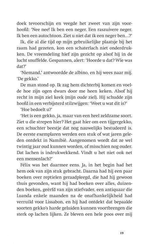 Tekst over een gesprek met een neger en een gekko die de hoofdpersoon nadoet.
