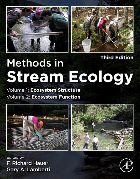 Boek "Methods in Stream Ecology", Third Edition. Vier afbeeldingen van mensen die in beekjes werken met netten en bakken.