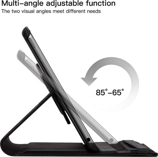 Housse de tablette noire en position multi-angles, montrant les angles réglables de 85° à 65°.