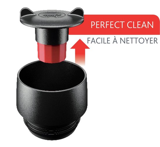 Gedemonteerd zwart deksel met rode binnenkant en tekst 'Perfect Clean Facile à Nettoyer'.