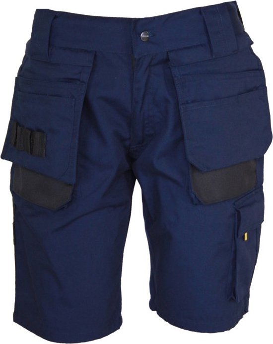 Short de travail bleu foncé avec de grandes poches plaquées, y compris des renforts noirs.