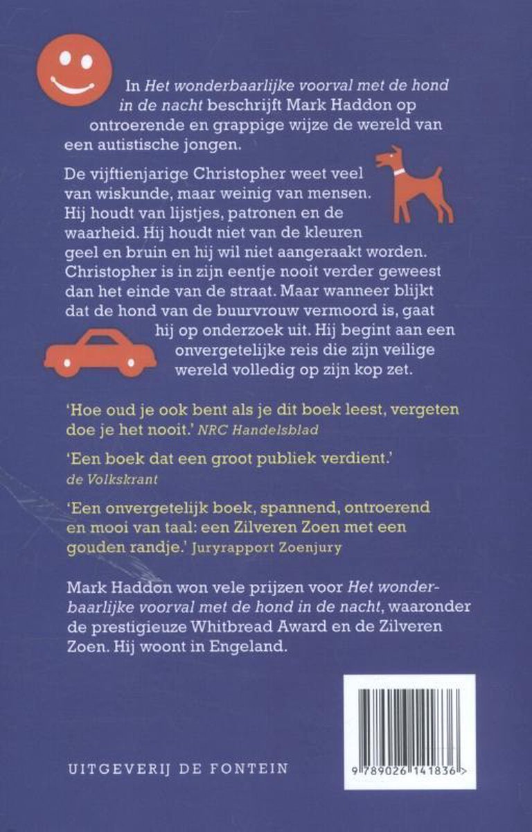 Achterkant boek met tekst en afbeeldingen van een hond en een auto. Beschrijving van 'Het wonderbaarlijke voorval met de hond in de nacht'.