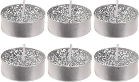 6x Zilveren glitter waxinelichtjes/theelichtjes 6 cm - Zilveren kersttafel kaarsen