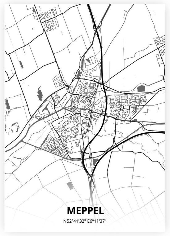 Meppel plattegrond - A3 poster - Zwart witte stijl