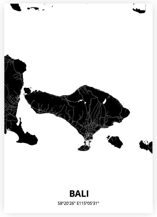 Bali plattegrond - A4 poster - Zwarte stijl