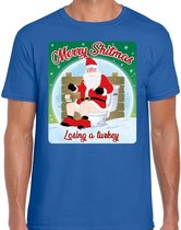 Fout Kerstshirt / t-shirt  - Merry shitmas losing a turkey - blauw voor heren - kerstkleding / kerst outfit S