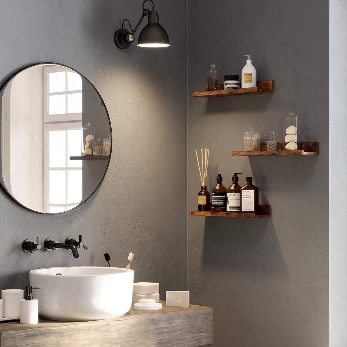 KAZAI.® Wandplanken Set -STENN- | Zwevende Planken van Metaal en Echt Houtfineer | Houten Planken voor Badkamer, Keuken, Woonkamer, Slaapkamer | Eiken, zwart