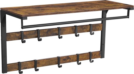 Rootz Vintage Bruin-Zwarte Wandkapstok - Halorganisator - Hangplank - Spaanplaat en Staal - 30 cm x 80 cm x 42 cm - Maximale belasting 45 kg