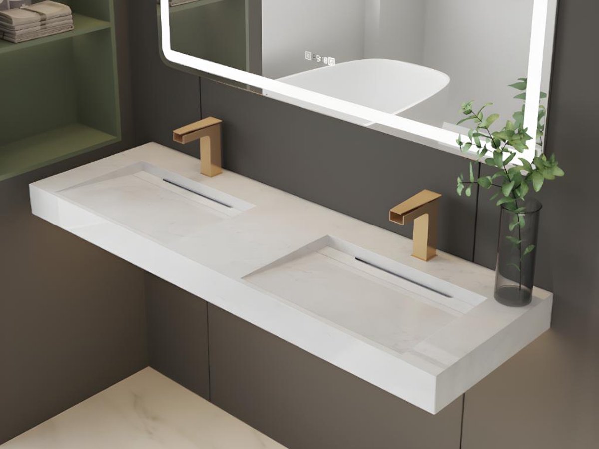 Vente-unique Zwevende dubbele solid surface wastafel in wit marmereffect KODIAK - L140,2 x B45,2 x H8 cm