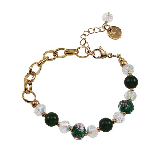 16cm tot 20cm Armband Dames - Verguld RVS - Ovale Schakelarmband met Groenen Glaskralen en Murano Glaskralen - Verstelbaar