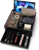 Zwart Faux Leren 5 Compartimenten Valet Tray - Bureau Opslag Doos voor Beurs Telefoon Sleutels - Heren Accessoires Organizer met Sieraden en Manchetknopen - Allesvanger