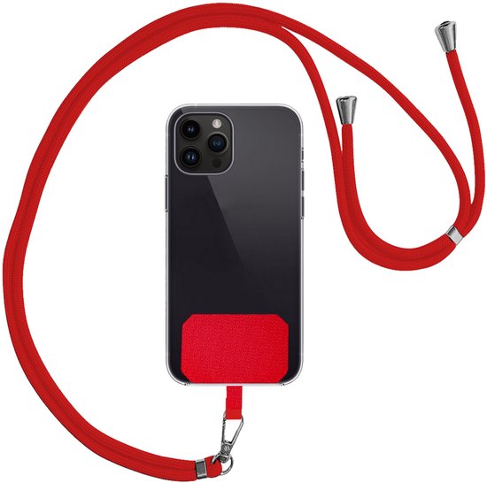 iPhone noir-gris avec un cordon de téléphone rouge autour du cou, attaché à un étui rouge.