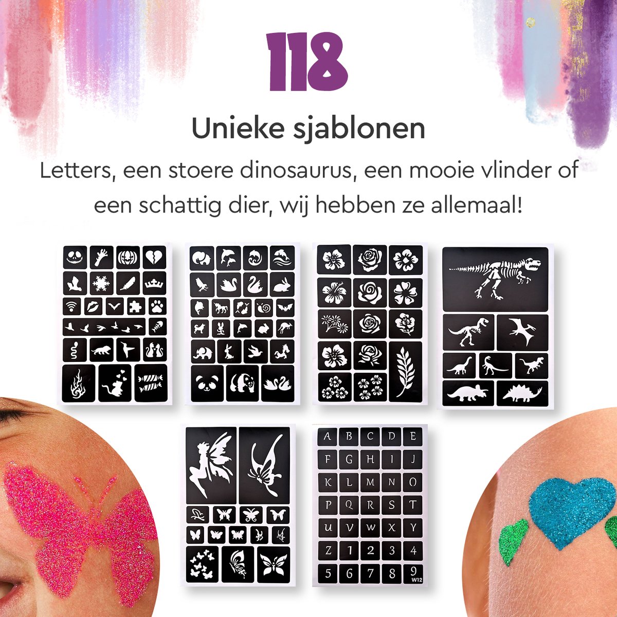 Partizzle Compleet Bio Glitter Tattoo Set - Meisjes / Jongens - Schmink Sjablonen, Lijm en Penselen - Gezicht Nep Neon Tattoos Knutselpakket - Festival - Kerst Cadeau / Knutselen voor Kinderen - 24 Kleuren / Biodegradable — afbeelding 2