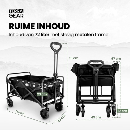 TerraGear Bolderkar opvouwbaar - 76L en 80KG draagvermogen - 65×41×23CM - Draaibare wielen - Perfect voor festivals van TerraGear — afbeelding 4