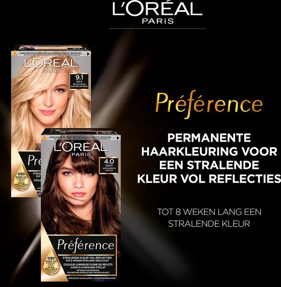 Collage van L'Oréal Préférence verpakkingen met blonde en bruine haarkleuren. Model met bruin haar.