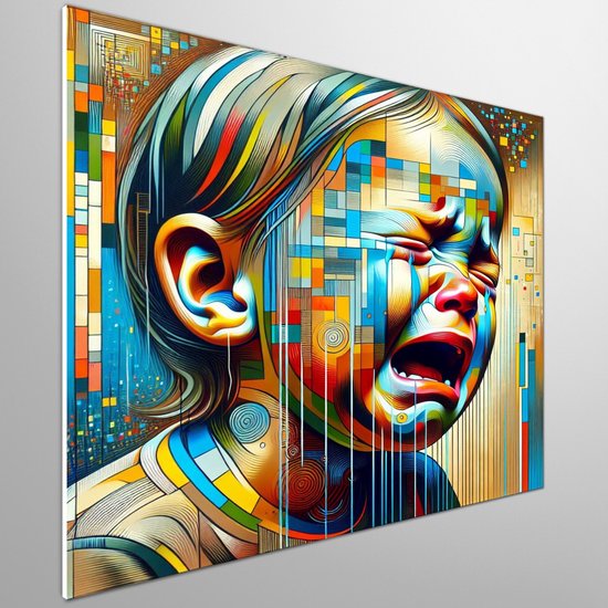 Modern huilend kind schilderij | Hedendaagse tranen: een expressief portret van jeugdig verdriet in kunst | Kunst - 40x40 centimeter op Dibond | Foto op Dibond