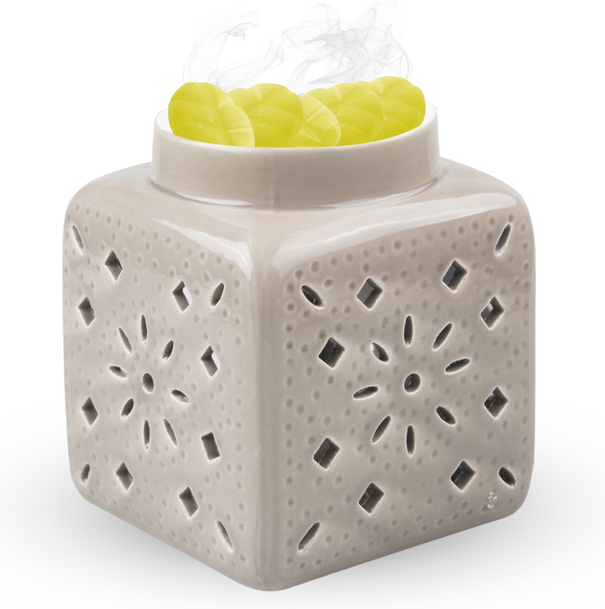 Scentchips® Vierkant Cut Out Patern - Waxbrander - Geurbrander - Oliebrander - Wax Melts Brander - Aromabrander - Ook Geschikt Voor Essentiële Oliën - Geurolie - Waxmelts - Taupe