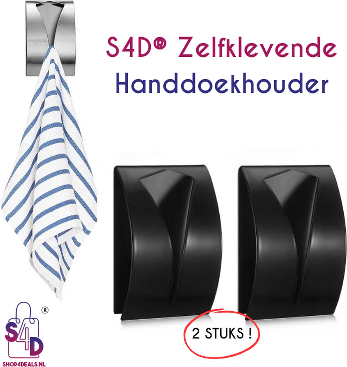 S4D Zelfklevende Handdoekhouders Handdoekhaakjes Handdoekhouder Zelfklevend Hangen Zonder Boren ! Set van 2 STUKS ! Zwart