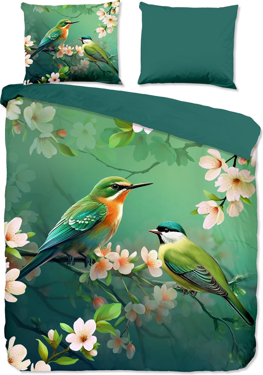 Pure dekbedovertrek bloemen en vogels - 2 persoons 200x200/220 cm - Groen - Microvezel Green
