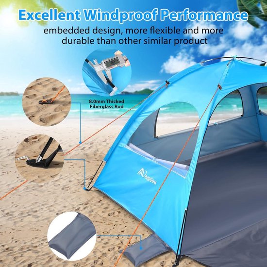 Strandtent 3-4 personen 50+ bescherming strandschelptent - gezinstent met voor- en achterdeur - windbescherming - strand tuin - hemelsblauw Beach Tent van Giglio — afbeelding 5