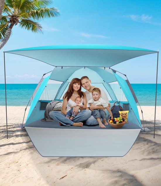 Strandschelptent voor 3-4 personen - pop-up strandtent met zonnezeil - UPF 50+ uv-bescherming - waterdicht - blauwe strandtent voor gezinnen Beach Tent van SAUERLAND — afbeelding 2