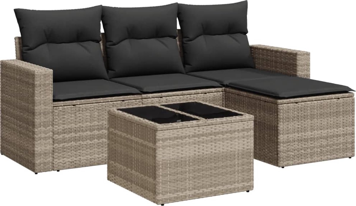 VidaXL 5-delige Loungeset met kussens poly rattan lichtgrijs