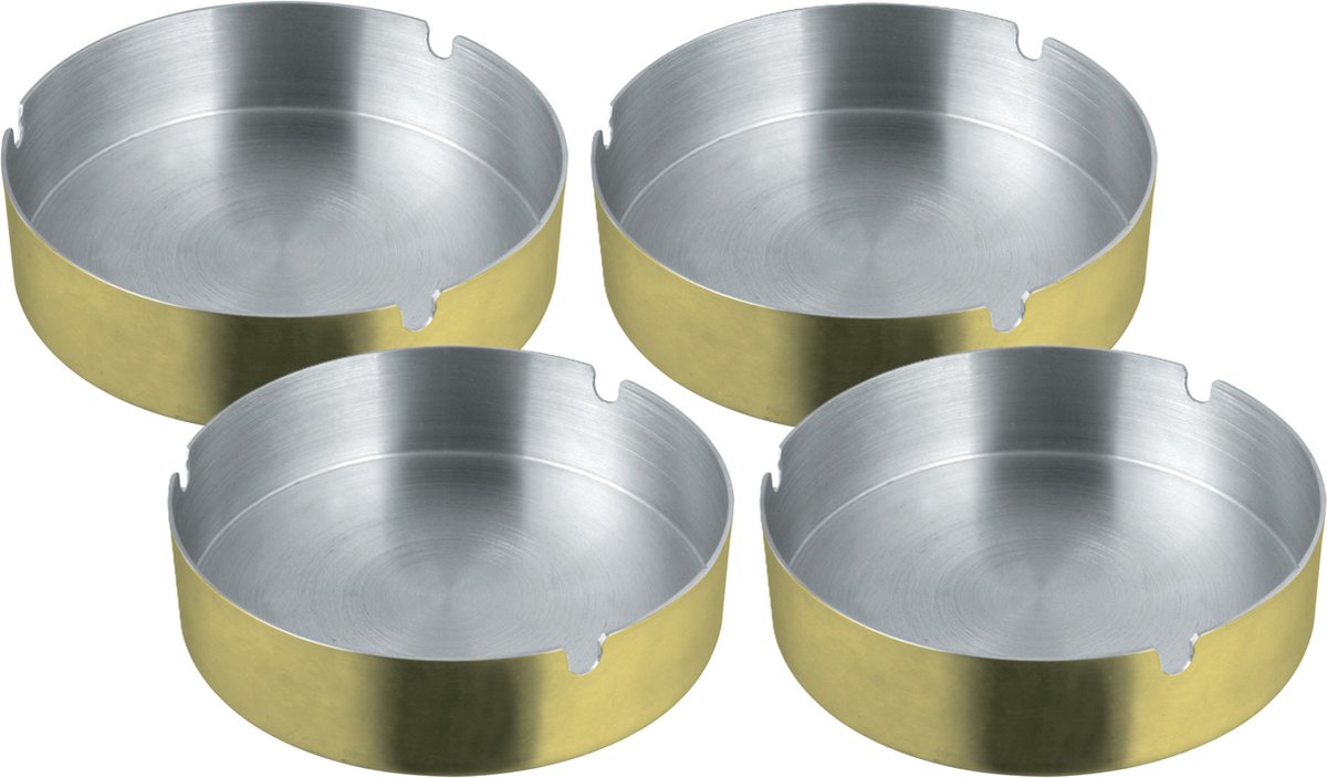 Goedkoopste Asbak rond - 4x - RVS metaal - goud metallic - 9 x 3 cm - buiten/binnen