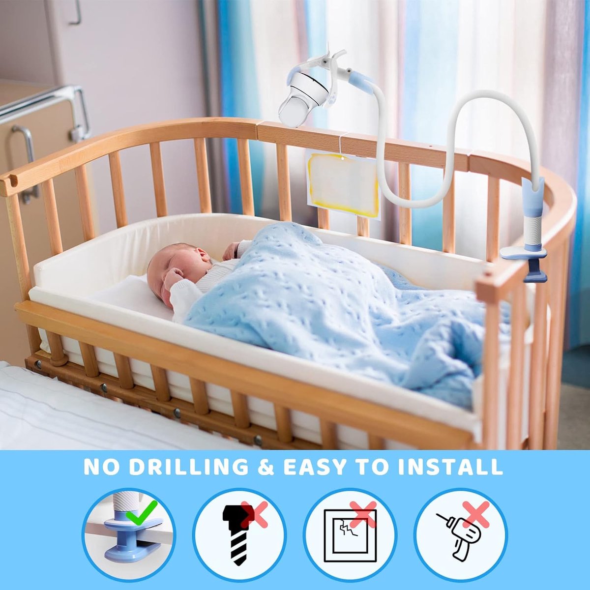 JAMUILS Babyfoonhouder, bed met ministatiefkop, flexibele twist video babymonitorhouder, compatibel met Hellobaby HB30 HB32 HB35 HB50, Philips Avent SCD843/26 SCD833/26, Vtech VM3250 VM819