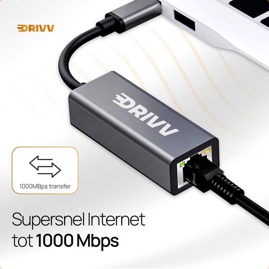 Grijze DRIVV adapter met 1000Mbps transfer en "Supersnel Internet tot 1000 Mbps" tekst.