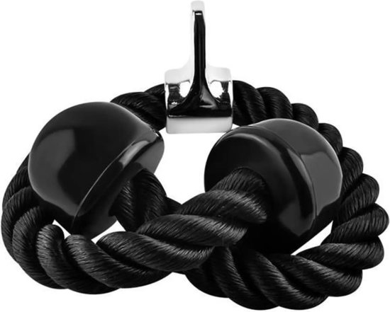 Zwarte tricep rope met chromen bevestiging en twee zwarte handgrepen.