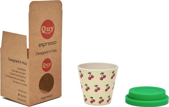 Quy Cup - 90ml Ecologische Reis Beker - Espressobeker “Ciliegia” met groen Siliconen deksel 7x7x7cm