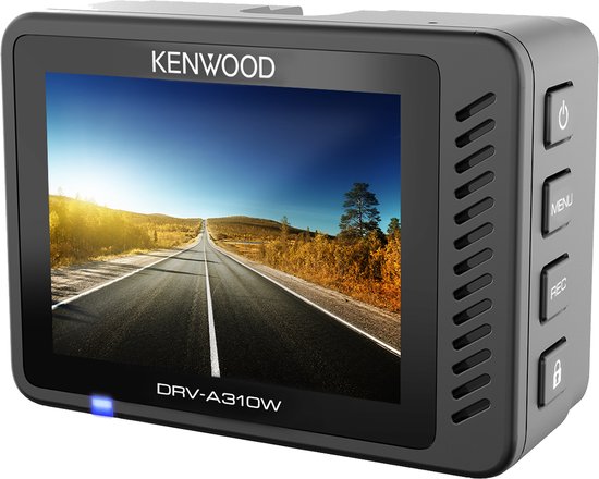 Kenwood DRV-A310W dashcam met ingeschakeld scherm dat een weglandschap toont.