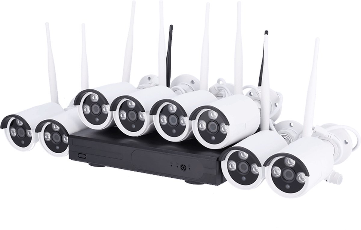 Nivian KIT830W bewakingscamera plug en play set wit met 8x 3MP WiFi bullet camera's, 8 kanaals Netwerk Video Recorder